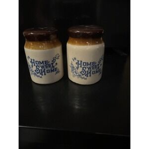 vintage 1970's home sweet home stoneware crock salt and pepper shakers emson